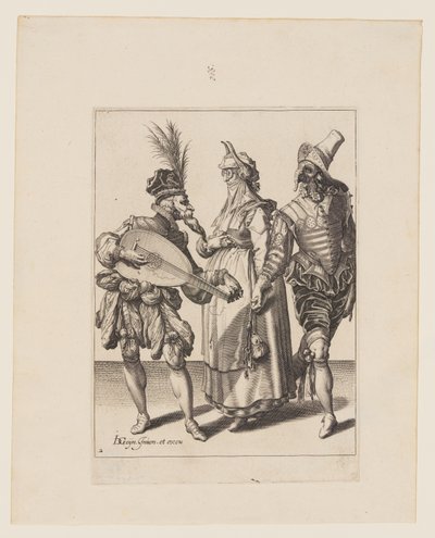 Un couple interpellé par un joueur de luth, extrait de Les Mascarades - Jacques de Gheyn II