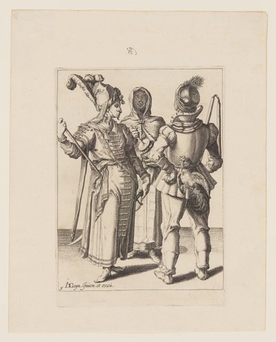 Une grande dame en tenue orientale, un homme avec une bite attachée à sa ceinture et une femme voilée jouant du pilon, extrait de The Masquerades (Les mascarades) - Jacques de Gheyn II