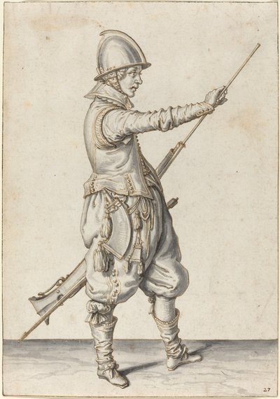 Soldat élégamment vêtu tassant son caliver - Jacques de Gheyn II