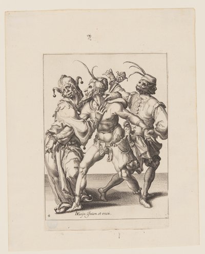 Trois marionnettes dansantes, dont un bouffon, extraites de The Masquerades (Les mascarades) - Jacques de Gheyn II