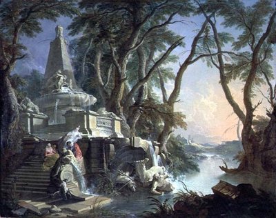 La Fontaine Pyramidale avec une Statue Cassée de Neptune, ou Paysage : La Rivière - Jacques de Lajoüe