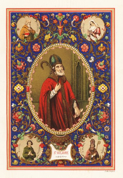 Portrait de Saint Hilaire, évêque de Poitiers, avec mitre et crosse, dans une bordure décorative de feuillage - Jacquet Jacquet