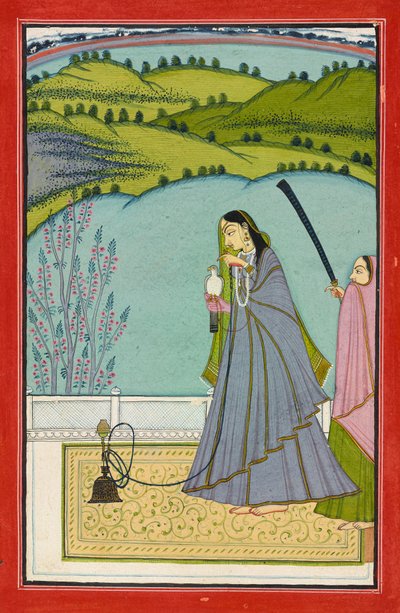 Une dame sur une terrasse avec un hookah et un faucon, c.1760 - Jaimal Har