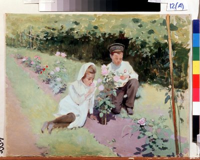 "Au rosier" Deux enfants dans une roseraie. Peinture de Jakov Kalinichenko - Jakoff Jakovlevitch Kalinitchenko