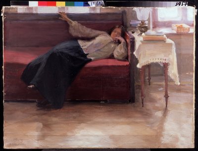 ""Songes"" jeune fille pensive allongée sur un divan. Peinture de Jakov Kalinichenko (1869-1938) 1904 State Regional I. Pozhalostin Art Museum, Ryasan - Jakoff Jakovlevitch Kalinitchenko
