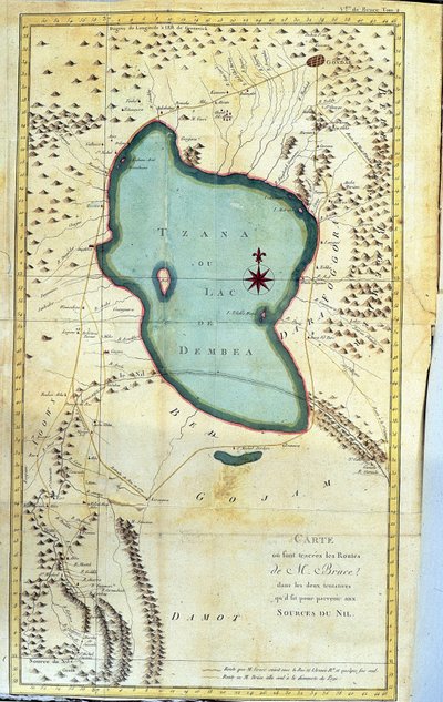 Carte de la région du lac Tzana ou lac Dembea (itinéraires de M. Bruce dans ses deux tentatives pour atteindre les sources du Nil) - dans « Voyage en Nubie et Abyssinie entrepris pour découvrir les sources du Nil pendant les années 1768 à 1772 », par James - James Bruce