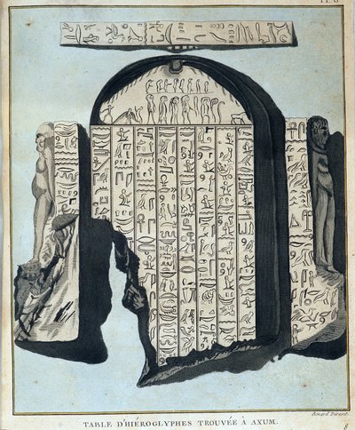 Tableau des hiéroglyphes trouvés à Axoum (Aksoum) - dans "Voyage en Nubie et Abyssinie entrepris pour découvrir les sources du Nil pendant les années 1768 à 1772", par James Bruce, vol 1, Paris - James Bruce