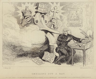 Sentir un rat : le philosophe gallois, prédicateur non-conformiste et pamphlétaire Richard Price surpris par un nez géant portant des lunettes représentant Edmund Burke le surprenant au travail entouré de preuves de sédition contre l