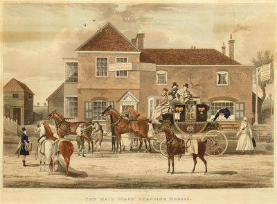 Le courrier changeant de chevaux, vers 1825 (gravure) - James (after) Pollard