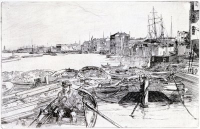 Vue de la Tamise, sur le bassin de Londres (Angleterre), en 1859, appartient à une série de gravures sur la Tamise, qui met en lumière la communauté des travailleurs maritimes de la capitale anglaise - James Abbott McNeill Whistler