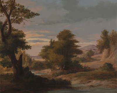 Paysage fluvial boisé avec mère et enfant - James Arthur O