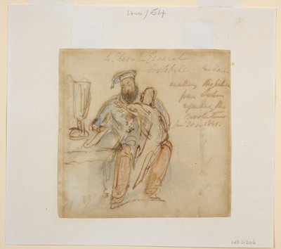 Général Avitabile assis à une table en train de lire, avec une femme sur ses genoux, peut-être sa favorite, Begum Peri - James Atkinson