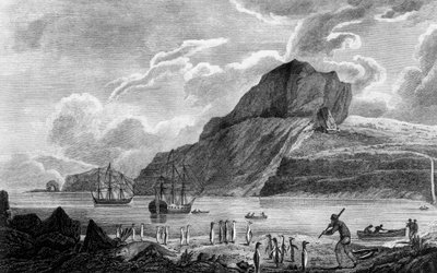 Île Kerguelen, vue de la baie de Noël, dessin de William Hodges, gravure de William Watts, illustration du Voyage vers le pôle Sud et autour du monde, par James Cook - James Cook
