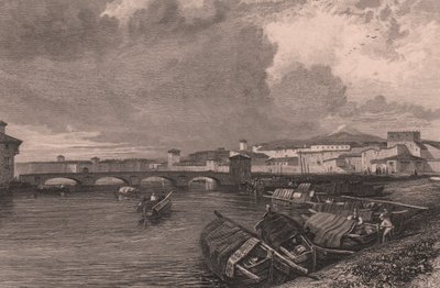 Vue du fleuve Arno à Pise, Toscane, Italie, gravure sur acier par Thomas Higham d