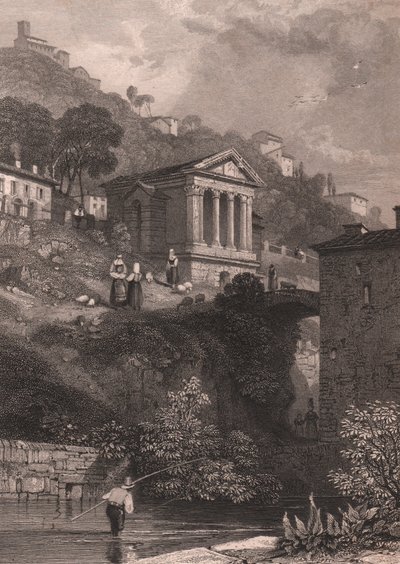 Vue du Temple de Clitumnus le long de la rivière Clitunno près de Campello sul Clitunno, Ombrie, Italie, gravure sur acier par Jordan d