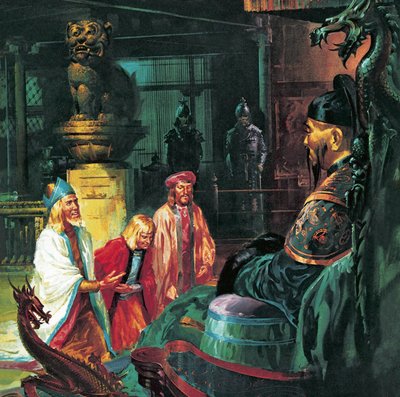 Marco Polo devant Kublai Khan, 20e siècle (lithographie) - James Edwin McConnell