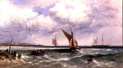 Bateaux de pêche rentrant au rivage avec un deux-mâts ancré au-delà - James Edwin Meadows