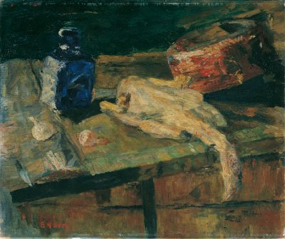 Nature morte avec bouteille bleue et poulet plumé - James Ensor