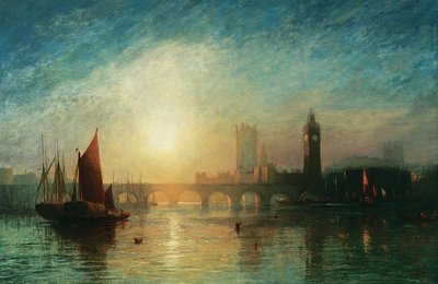Vue du pont de Westminster et des Chambres du Parlement, avec une barge de foin et d