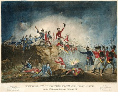 Réplique des Britanniques à Fort Érié, le 15 août 1814, à 2 heures du matin, pub. 1841 (gravure en couleur) - James Fuller Queen