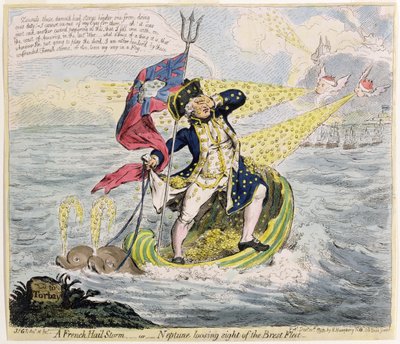 Une tempête de grêle française, ou Neptune perdant de vue la flotte de Brest, publiée par Hannah Humphrey en 1793 - James Gillray