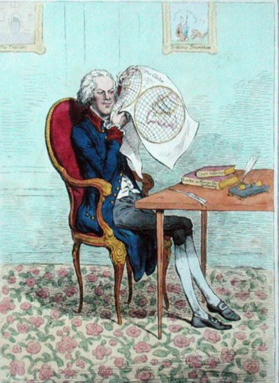 Un politicien clairvoyant découvrant les conquêtes britanniques, publié par Hannah Humphrey en 1795 - James Gillray