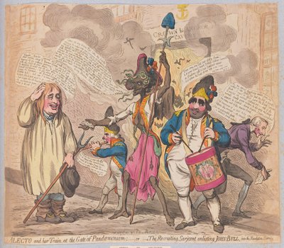 Alecto et son train à la porte de Pandæmonium ou le sergent recruteur enrôlant John Bull dans le service de la révolution - James Gillray
