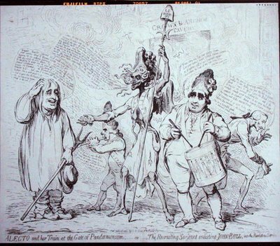 Alecto et son train à la porte du Pandémonium, ou Le sergent recruteur enrôlant John Bull dans le service de la Révolution, publié par S.W. Fores en 1791 - James Gillray