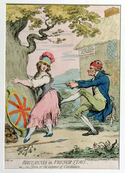 Britannia en corset français, ou réforme au détriment de la constitution, publié par Hannah Humphrey en 1793 (gravure à la main) - James Gillray
