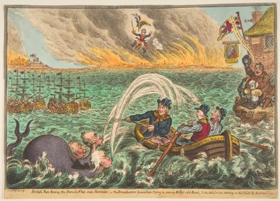 Marins britanniques remorquant la flotte danoise dans le port, le Léviathan à fond large - James Gillray