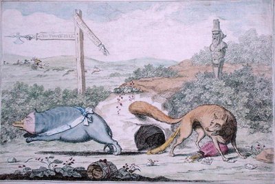 Changer de Place, ou Fox chassant le Blaireau de son Nid, publié par William Humphrey en 1782 - James Gillray