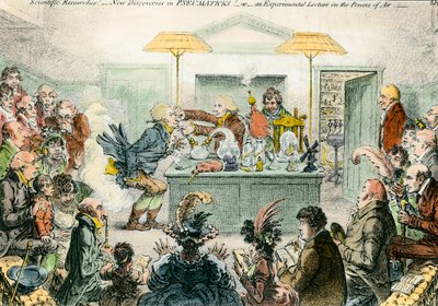 Satire anglaise sur la science : nouvelles découvertes en matériaux pneumatiques. Dessin satirique sur l