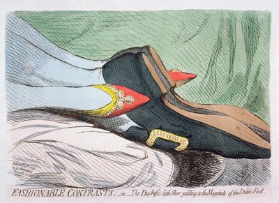 Contrastes à la mode, ou la petite chaussure de la duchesse cédant à la grandeur du pied du duc, publié par Hannah Humphrey en 1792 - James Gillray