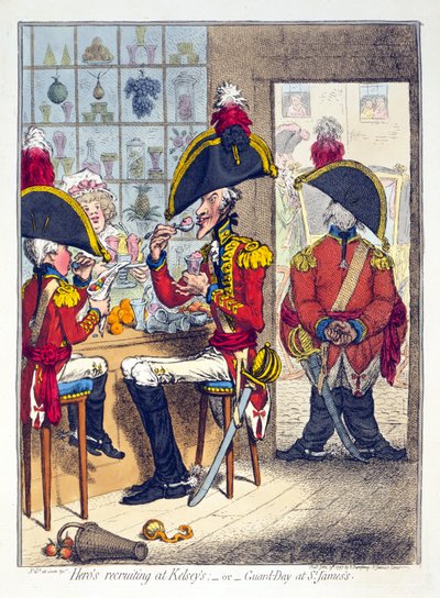 Recrutement des héros chez Kelsey ou jour de garde à St James - James Gillray