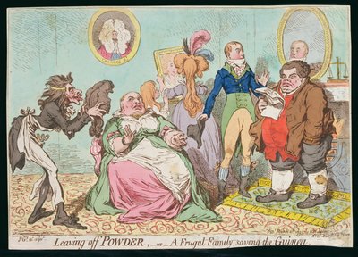 Abandonner la poudre, ou Une famille frugale économisant la guinée, publié par Hannah Humphrey en 1795 - James Gillray