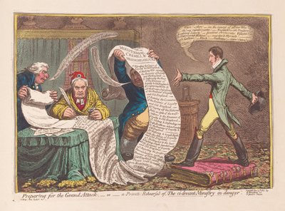 Préparation pour la grande attaque, ou une répétition privée du ministère ci-devant en danger, pub. 1801 - James Gillray