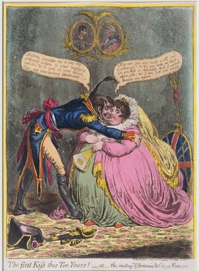 Le premier baiser en dix ans ! ou La rencontre de Britannia et du citoyen François, publié par Hannah Humphrey en 1803 - James Gillray