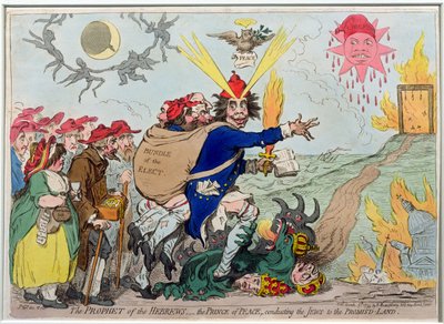 Le Prophète des Hébreux : le Prince de la Paix conduisant les Juifs vers la Terre Promise, publié par Hannah Humphrey en 1795 (eau-forte coloriée à la main) - James Gillray