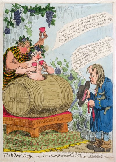 Le droit sur le vin, ou Le triomphe de Bacchus et Silène avec la remontrance de John Bull, publié par Hannah Humphrey en 1796 - James Gillray