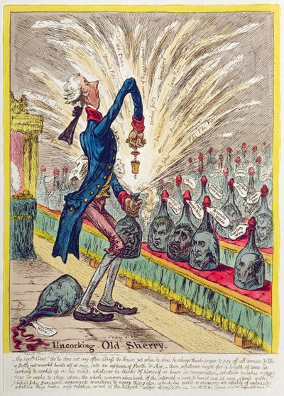 Débouchage du vieux Sherry, publié par Hannah Humphrey en 1805 - James Gillray