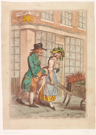 Femme avec une brouette de carottes devant la vitrine du libraire Robert Faulder à Londres - James Gillray