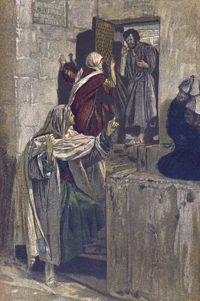 Le premier reniement de Saint Pierre - Le premier reniement de Saint Pierre - de "La Vie de Notre Seigneur Jésus-Christ" - 1899 par James Tissot - La vie de notre seigneur Jésus-Christ, par Jacques Joseph (Jacques Joseph) Tissot dit James Tissot (1836-1902 - James Jacques Joseph Tissot