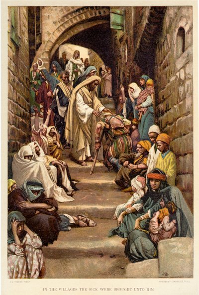 Dans les villages, les malades lui étaient amenés - Bible - James Jacques Joseph after Tissot
