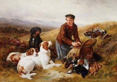 Un jeune garçon avec des setters et du gibier mort - James Jnr Hardy