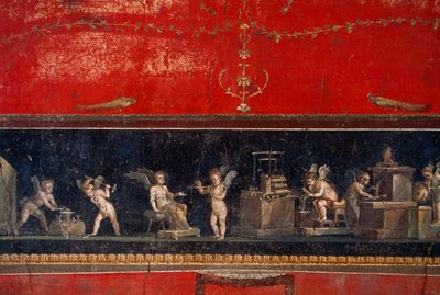 Fresque découverte à Pompéi montrant des chérubins orfèvres au travail. Pompéi, Italie. - James L Stanfield