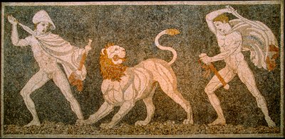 Mosaïque représentant Alexandre le Grand et Héphaestion tuant un lion. Pella Archéologique - James L Stanfield