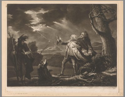 David Garrick comme roi Lear avec le comte de Kent et Edgar déguisé en Tom dans un paysage orageux - James McArdell