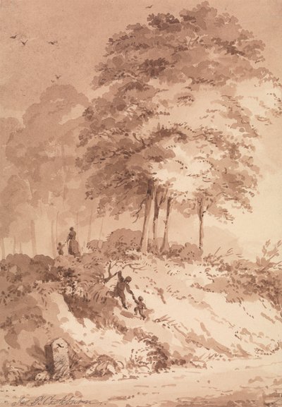 Famille marchant dans un bois : enfant aidé à grimper sur une berge - James Pattison Cockburn
