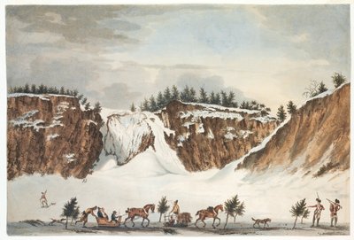 Vue hivernale des chutes de Montmorenci depuis la route sur la glace en face, prise le 12 avril 1781, gravée par John Wells - James Peachey