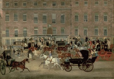 Hatchetts - la cave du cheval blanc, Piccadilly, le courrier de Devonport et une barouche au premier plan - James Pollard